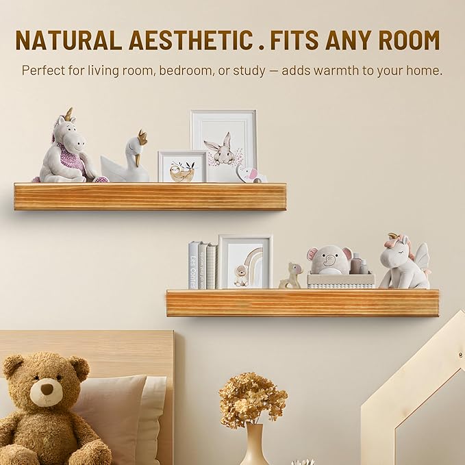 32 Inch Picture Ledge Shelf with Lip,Floating Shelves for Wall, Set of 2 Solid Pine Wood Shelves with Invisible Brackets, Wall Storage for Living Room, Bedroom, Kitchen, Bathroom(Carbonized Brown)