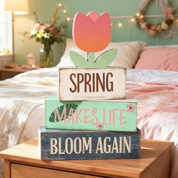 Spring Decoration For Home Wooden Tulip Tiered Tray Decor Spring Block Sign with Floral Farmhouse Tabletop Spring Decor Centerpiece for Tables Seasonal Home Easter Decor