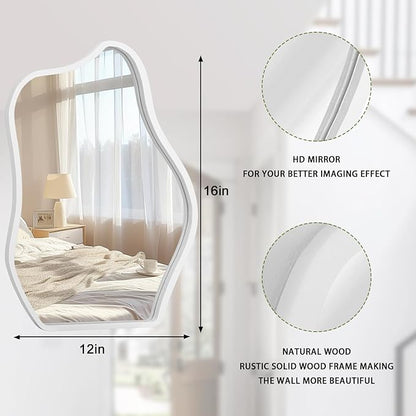 Wood Frame Hanging Mirror Asymmetrical Irregular Wall Mirror Unique Shape Modern Mirror Artistic Cloud Decorative Mirror for Living Room Bedroom Vanity Bathroom Entryway Hallway White