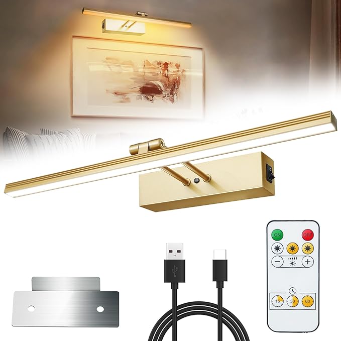 Picture Lights for Wall,Battery Operated Wall Lights,Gallery Light with Remote for Wall Display, Photo,Library Gold, Picture Light, Picture Light Battery Operated
