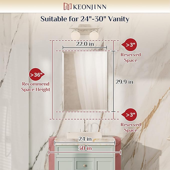 Keonjinn 22 x 30 Inch Frameless Bathroom Mirror, Beveled Mirrors for Bathroom Sink, Shatterproof Wall Mirror, Modern Decorative for Living Room, Entryway, Bedroom, Horizontal/Vertical