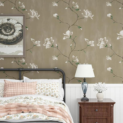 Floral Wallpaper Peel and Stick 17.5" x 118" Khaki Floral Contact Paper Vintage Self Adhesive Wallpaper Vinyl Waterproof Wall Paper for Bedroom Walls Cabinet Countertop Decor