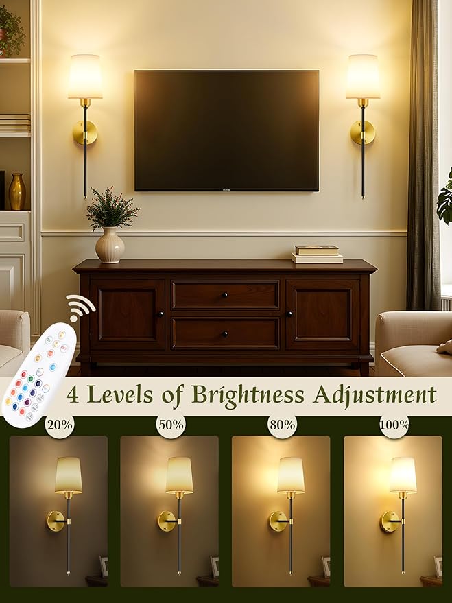 Battery Operated Wall Sconces Set of 2, Black Gold Cordless Wall Lights with Rechargeable Magnetic Bulbs and Remote, Dimmable & 15 RGB Colors Wall Lamps for Bedroom Living Room Hallway 23Inch