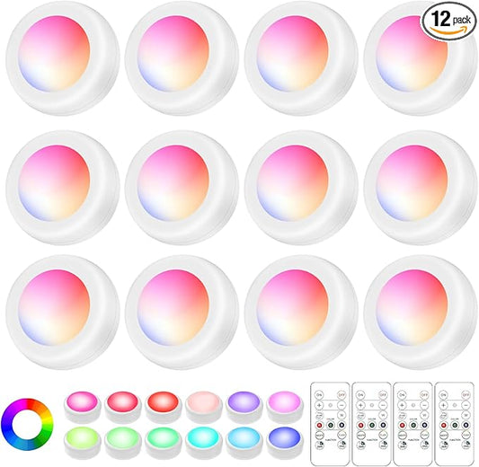 LED Puck Lights with Remote Control, Wireless Under Cabinet Lighting,Color Changing Lights with Dimmer and Timer, AAA Battery Operated Powered Push Night Lights (12 Pack White)