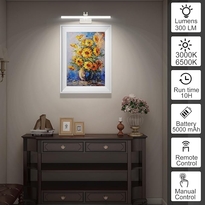 Picture Light,Picture Lights for Wall Cordless,16" Picture Lights with Timer and Dimmable,Battery Wall Lights for Display Gallery Painting Art Frame Portrait-WH