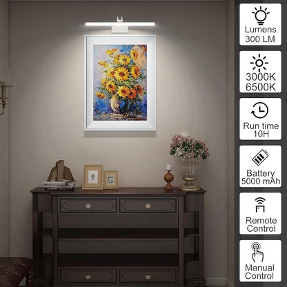 Picture Light,Picture Lights for Wall Cordless,16" Picture Lights with Timer and Dimmable,Battery Wall Lights for Display Gallery Painting Art Frame Portrait-WH