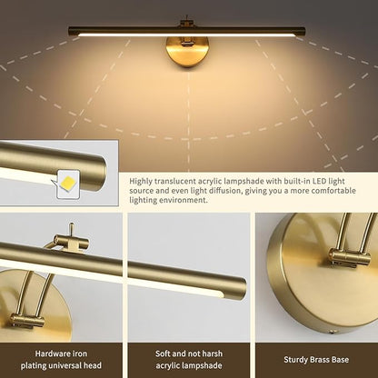 Picture Light Dimmable Hard Wired 23.62 Inch Adjustable Swing Arm Brass Wall Lights for Pictures Led Display Light for Artwork 14W Warm White