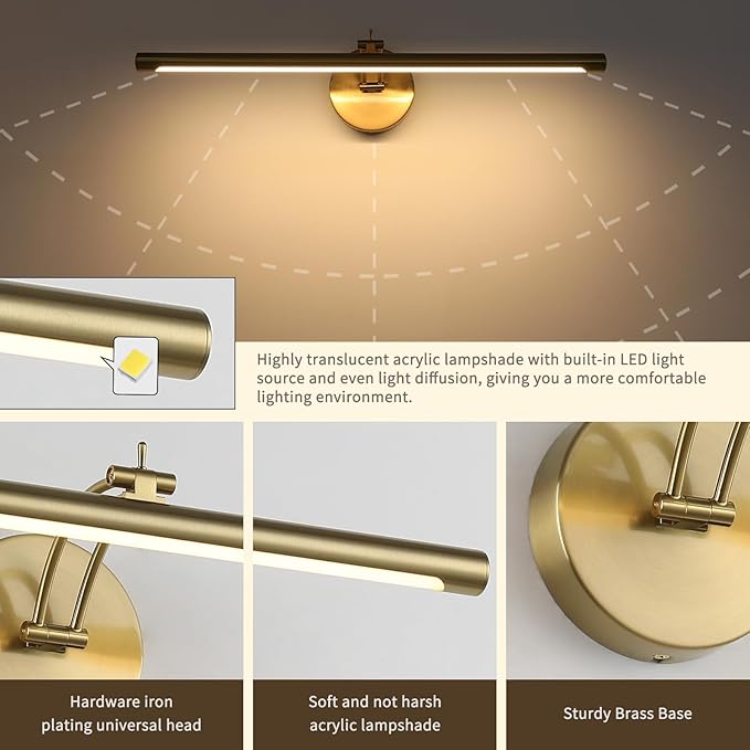 Picture Light Dimmable Hard Wired 23.62 Inch Adjustable Swing Arm Brass Wall Lights for Pictures Led Display Light for Artwork 14W Warm White