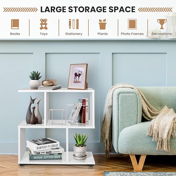 Giantex Set of 2 3-Tier Geometric Bookshelf, 24’’ Tall Wood S-Shaped Display Shelves with Thick Foot Pads, Freestanding Open Shelves Nightstand, Floor Standing Display Shelf Bookcase