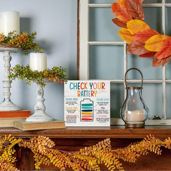 Mental Health Gifts for Counselor Therapist, Check Your Battery Wooden Box Sign Desk Decor for Therapy Office Counselor Room Shelf Cubicle Decor, Colorful Wooden Box Decorative Signs