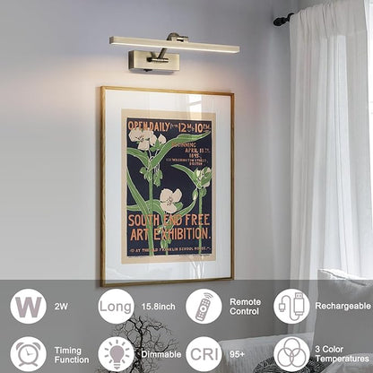5000mAh Picture Light Battery Operated,15.7In Antique Bronze Wireless Rechargeable Picture Light 3 Colors Dimmable Art Light with Remote Timer for Paintings,Gallery