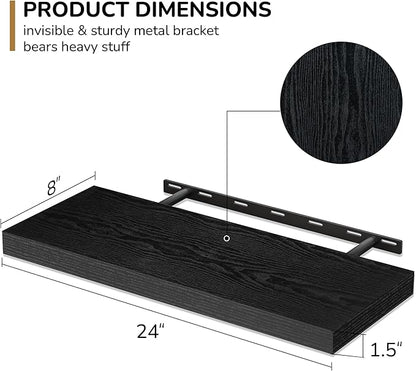 Fun Memories 24 Inch Floating Shelves - Deep Rustic Black Wooden Wall Shelves - Extra Deeper & Thicker Wall Mounted Storage Shelf for Bedroom, Kitchen, Farmhouse - 2 Pack, Rustic Black