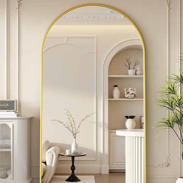 Full Length Mirror with Stand, 82"x44" Arched Full Body Mirror, Large Stand Up Mirrors, Aluminum Frame Floor Standing Mirrors, Freestanding Hanging Leaning Mounted for Bedroom Living Room Gold