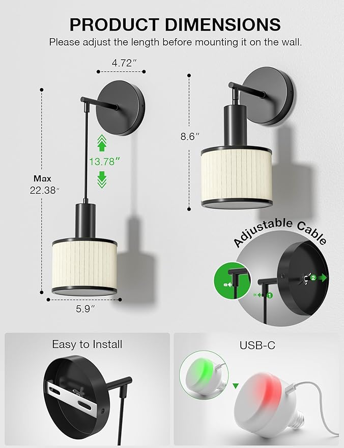 NIORSUN Battery Operated Wall Sconce Set of 2, Black&Off-White Wireless Rechargeable Wall Lights with 5200mAh Dimmable Detachable Bulbs and Remote, 9 Colors Sconces Wall Decor for Bedroom Living Room