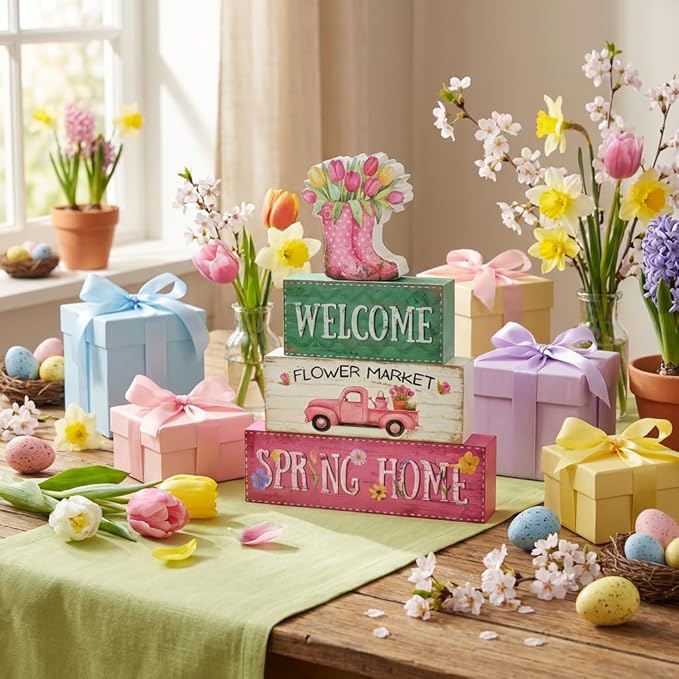 Spring Decorations, 4 Pcs Wooden Spring Table Decorations, Farmhouse Rain Boots Tiered Tray Decor, Wooden Table Sign for Desk Shelf Mantel Coffee Bar, Indoor Home Decor