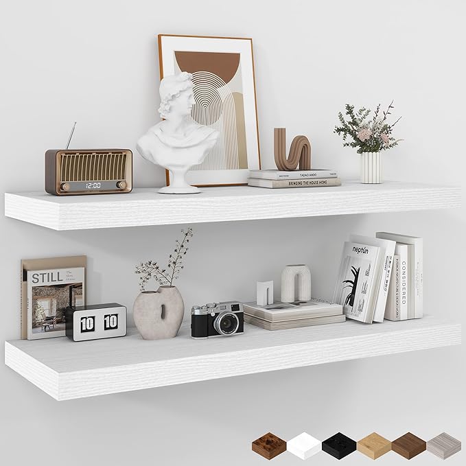 Fun Memories Floating Shelves - 2 Pack 12 Inch Rustic Wooden Wall Shelves - Extra Deeper & Thicker Wall Mounted Storage Shelf for Living Room, Kitchen, Farmhouse - 36