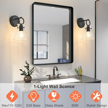 Wall Sconce for Bathroom Modern Vanity Light Fixtures Hardwired Wall Mount Lighting Lamp Farmhouse Wall Lights with 6" Clear Glass Shade for Bedroom Living Room Mirror Kitchen (Black, 1 Pack)