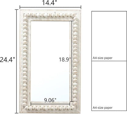 Farmhouse Mirrors for Wall Decor with Beaded Border 24 Inches, Hanging Distressed White Bathroom Mirrors for Vanity, Rustic Wood Framed Rectangular Wall Mirrors Decorative