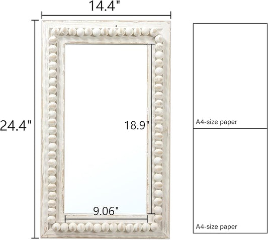 Farmhouse Mirrors for Wall Decor with Beaded Border 24 Inches, Hanging Distressed White Bathroom Mirrors for Vanity, Rustic Wood Framed Rectangular Wall Mirrors Decorative