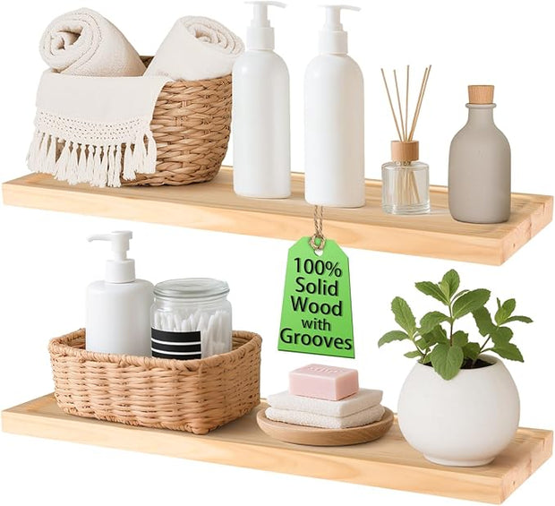 24 inch Bathroom Floating Shelves for Wall - Natural Solid Wood Over Toilet Shelves Set of 2 Decoration for Living Room Bedroom Kitchen Farmhouse 24x6.7 inch - Natural