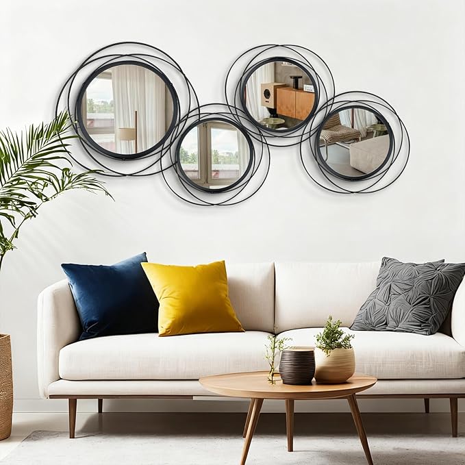 4 Set Mixed Size Black Circle Mirrors Wall Decor Iron Frame Wall Art Round Mirror Home Decor Hanging for Living Room/Bedroom/Bathroom/Entryway