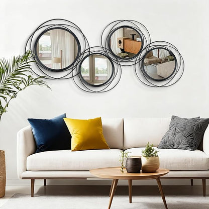 4 Set Mixed Size Black Circle Mirrors Wall Decor Iron Frame Wall Art Round Mirror Home Decor Hanging for Living Room/Bedroom/Bathroom/Entryway