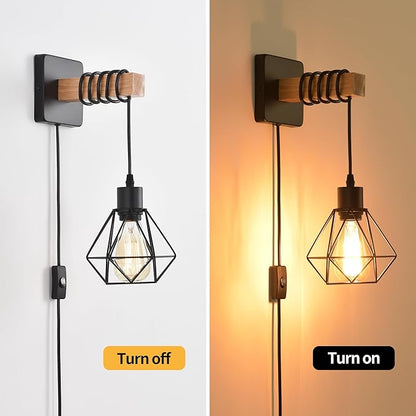 Rustic Wall Sconces Fixtures with Plug in Cord, Set of Two Indoor Vintage Rattan Wall Light Industrial Lamp Fixture Farmhouse Metal Sconces Light for Bedroom Bedside Living Room