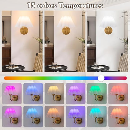 Battery Operated Wall Sconces Sets of 2, Indoor not Hardwired White Fabric lampshade Fixtures,Rechargeable Wireless 10 Colors Wall Lights with Dimmable Remote Control
