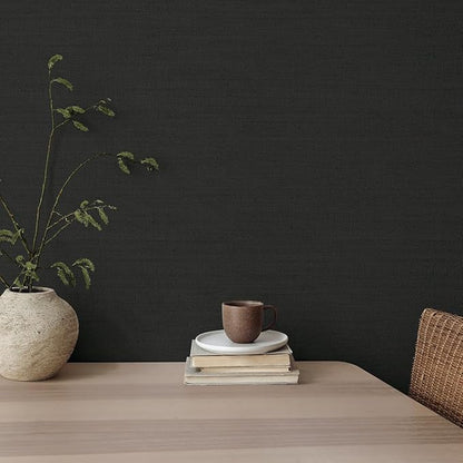 Tempaper Textured Black Horizontal Faux Grasscloth Removable Peel and Stick Wallpaper, 20.5 in X 16.5 ft, Made in The USA