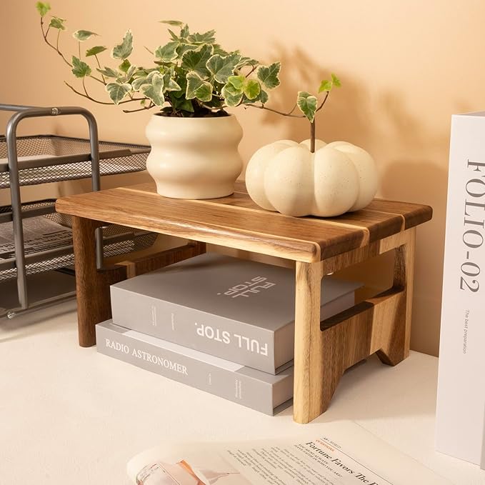 Coffee Station Organizer Shlef Acacia Wood Kitchen Cabinet Counter Shelf Coffee Bar Bathroom Shelf Risers Desktop Organizer Shlef Display Stand for Home Office Decor