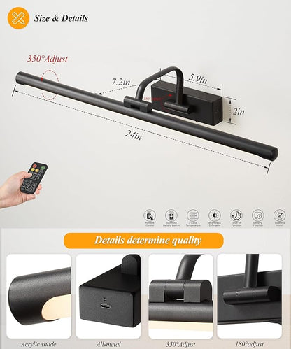 Picture Lights for Wall Battery Operated, Rechargeable Light for Pictures with Remote & Timer, Black Art Light for Paintings 24 Inch Wireless Dimmable Cordless Gallery Lights with 3 Color Temperatures