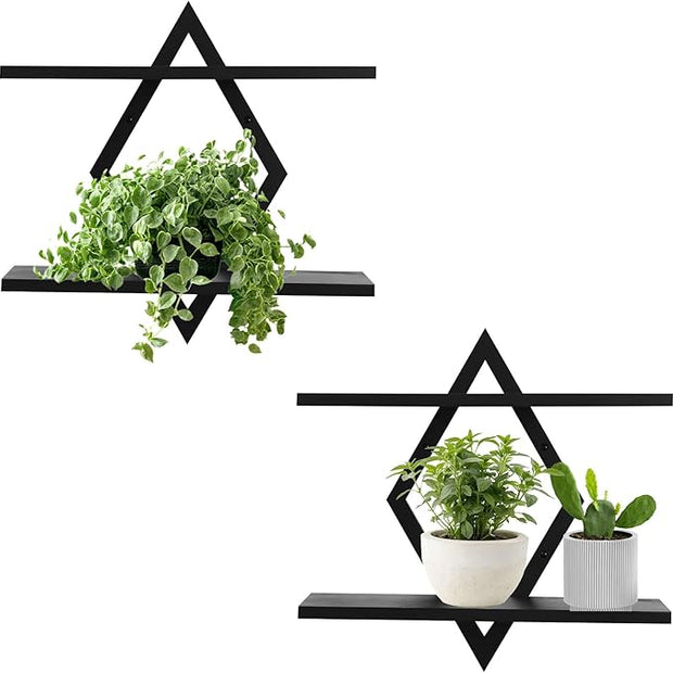 Floating Shelves for Wall,Decorative Wall Shelf,2 Tier Hanging Shelf for Plants Storage Display Holder,Indoor Decor for Living Room Home Office Bathroom Bedroom,Solid Wood,Diamond Shaped,2 Pack,Black