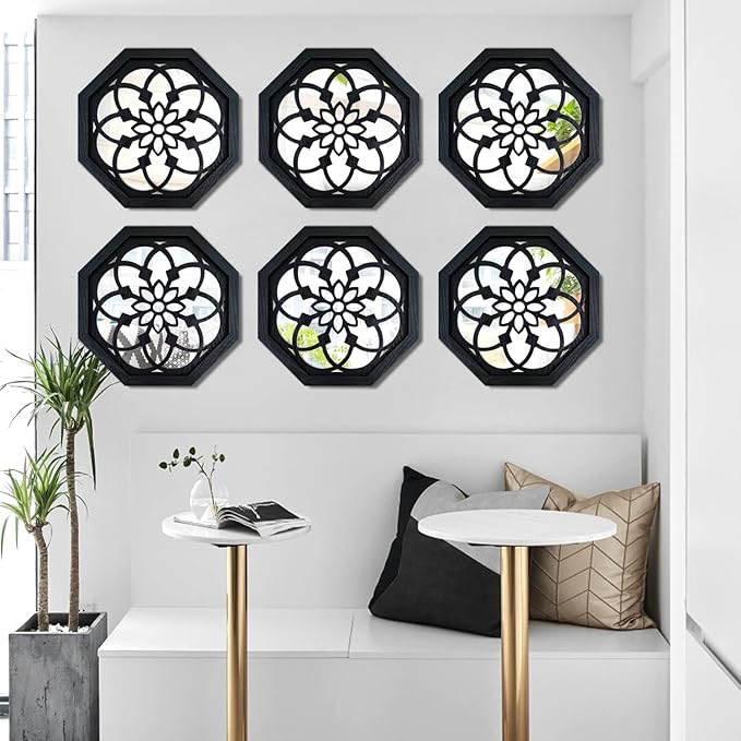 2-Piece Octagon Wall-Mounted Mirrors,Vintage Farmhouse Mirror for Wall Decor,Black Decorative Accent Mirror for Foyer, Bathroom, Bedroom. (12”x12”)