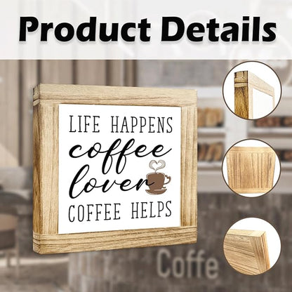 Coffees Wood Sign Life Happens Coffee Helps Wooden Decor Sign for Cafe Bar Inspirational Coffees Decor To Kitchen Home Office Ideal Gift For Coffee Lover Handmade Wood Plaque 5.9x5.9 Inch