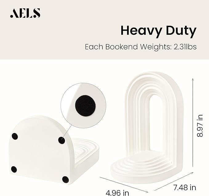 AELS Mordern Bookends, Mid Century Arch Heavy Duty Book Ends, Unique Decorative Bookend Supports for Shelves, Office Desktop Book Stand, Stopper for Books/Movies/CD, Cream