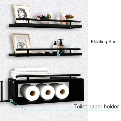 OurWarm Wood Floating Shelves for Wall Set of 3, Black Bathroom Shelves Over Toilet Organizer with Paper Towel Holder, Black Wall Shelves for Bedroom Kitchen Living Room Decor