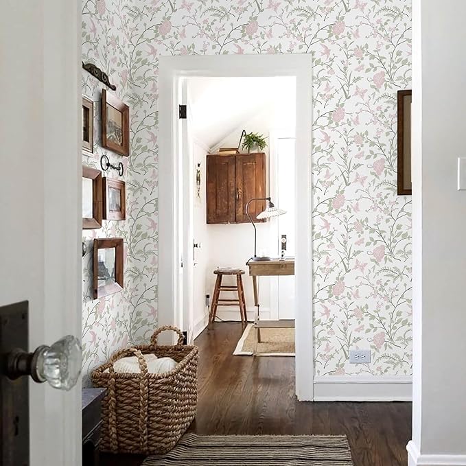 Floral Wallpaper Pink/Green Wallpaper Vintage Peel and Stick Wall Paper Boho Botanical Contact Paper for Cabinets Bird Butterfly Renter Friendly Self-Adhesive Bathroom Bedroom 78.7