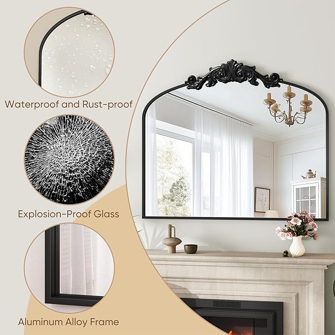 Vintage Wall Mirror, 30"x36" Arched Mirror for Vanity, Antique Decorative Mirrors with Carved Metal Frame for Bedroom, Living Room, Entryway, Fireplace, Hallway, Black