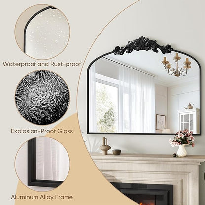 Vintage Wall Mirror, 30"x36" Arched Mirror for Vanity, Antique Decorative Mirrors with Carved Metal Frame for Bedroom, Living Room, Entryway, Fireplace, Hallway, Black