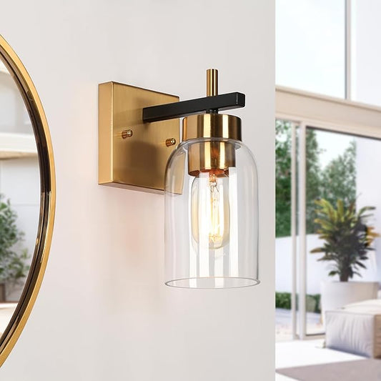 Black Gold Wall Sconce, Modern Brass Sconce Wall Lighting with Clear Glass Shade for Bathroom, Hallway, Kitchen, and Bedroom