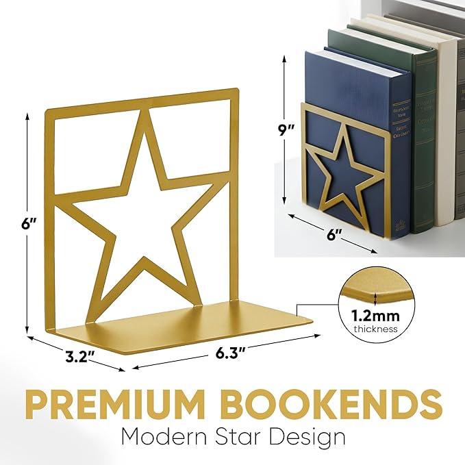 GEOMOD Gold Star Metal Bookends Heavy Duty for Desk & Shelves, Non-Slip Metal Bookends for Bookshelf End Holders, Modern Decorative Book Ends Gold, Book Holder for Office, Study & Home Library 2 Pairs