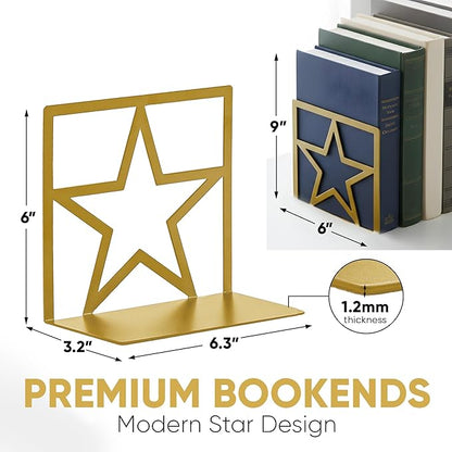 GEOMOD Gold Star Metal Bookends Heavy Duty for Desk & Shelves, Non-Slip Metal Bookends for Bookshelf End Holders, Modern Decorative Book Ends Gold, Book Holder for Office, Study & Home Library 2 Pairs