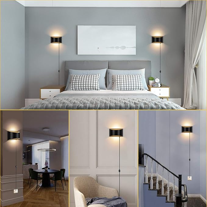 Lightess Wall Lamp Plug in 12W Modern LED Wall Lights Dimmable Indoor Up Down Wall Lamp for Bedroom Living Room Hallway, Black, Warm White