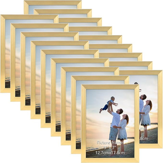 Hoikwo 18 Packs 5x7 Gold Multi Plastic Picture Frames Set with Plastic Cover for Family Photos, Artwork, Light Weight Bulk 5 by 7 Frames Packs for Wall Hanging and Table, Stylish Picture Frames