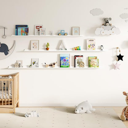 Floating Picture Ledge Shelves for Wall Set of 2, 95 Inches Picture Ledge Shelf with Long Large Nursery Book Shelf for Toys Storage Kids Bookshelf Wall Mounted Living Room Bedroom Decor Frames, White