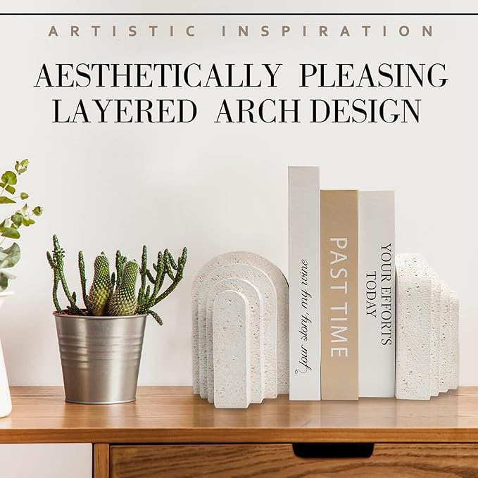 Heavy Duty Book Ends for Shelves, Decorative Book Stopper for Shelves, Resin Decor Bookends for Heavy Books, Modern Home Decor Aesthetic Bookend Aesthetically Pleasing Layered Arch Design, Set of 2