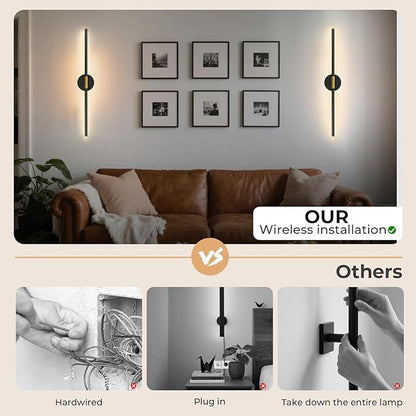 28" Battery Operated Wall Sconce, 360°Rotation Wireless Rechargeable Wall Lights with Remote Control, 3000K-6500K LED Detachable Wall Lamp for Bedroom, Hallway, Background Wall, Black Gold