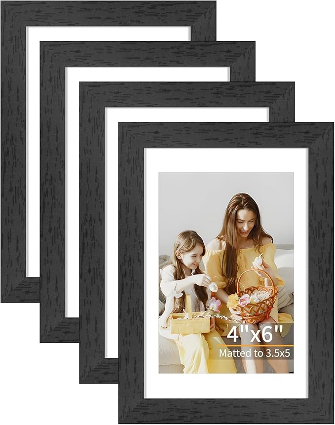 4x6 Picture Frame Set of 4, Displays 3.5x5 with Mat or 4x6 Without Mat, Photo Frames for Wall Hanging or Tabletop, Includes HD Plexiglass, Black