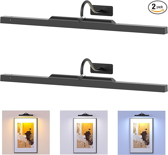 Picture Light for Wall Black, 6000mAh Rechargeable Battery Operated Gallery Lighting LED,Cordless Wireless Remote Dimmable Lighting for Art Frame(24 in, 2 Pack)