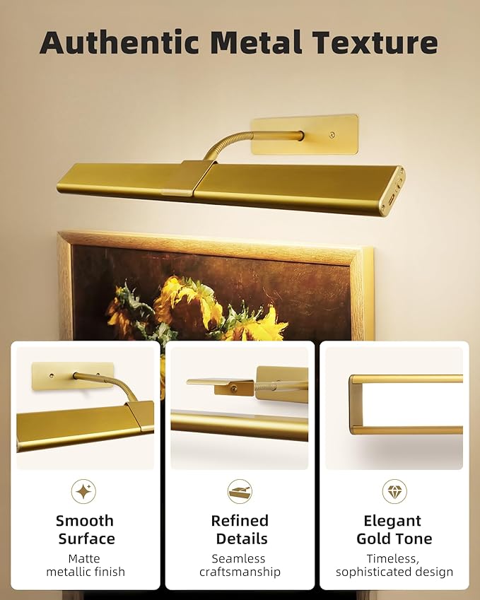EZVALO Picture Light for Wall, 4800mAh Rechargeable Wireless Lights with IR Remote Control, 16'' Dimmable Magnetic LED Art Display Light with 3 Color Temperatures, for Gallery, Living Room(Gold-2Pack)